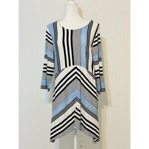 Chico’s Size 1 (M) Blue White Black Stripe 3/4 Sleeve Asymmetric Hem Tunic